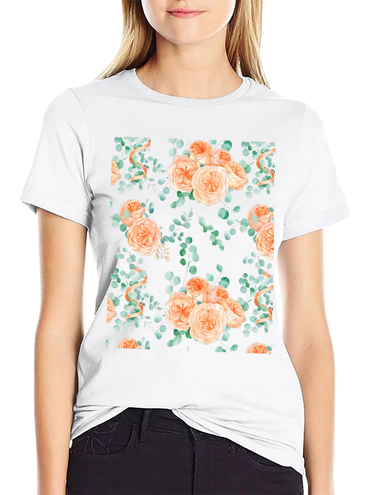 Floral Peach Rose Print Black T-Shirt product image 8