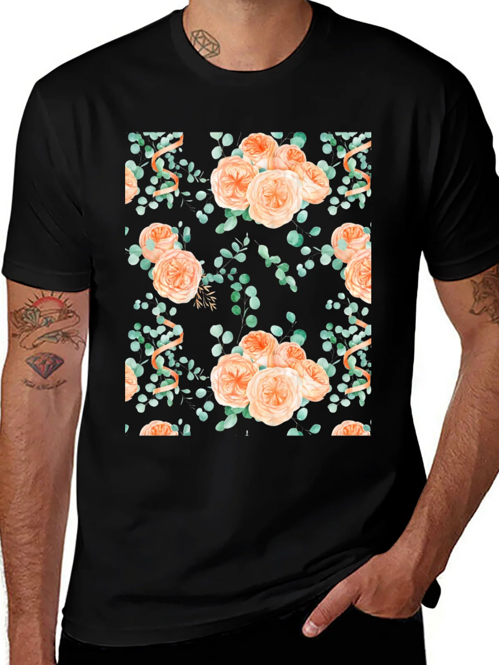 Floral Peach Rose Print Black T-Shirt product image 1