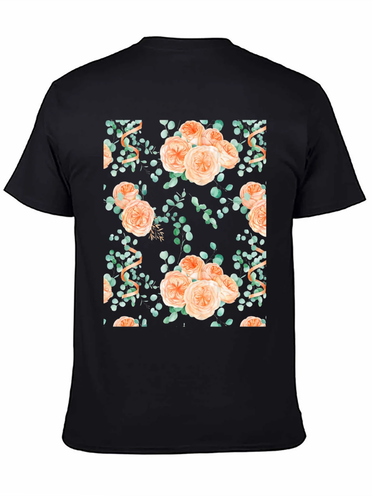 Floral Peach Rose Print Black T-Shirt product image 4