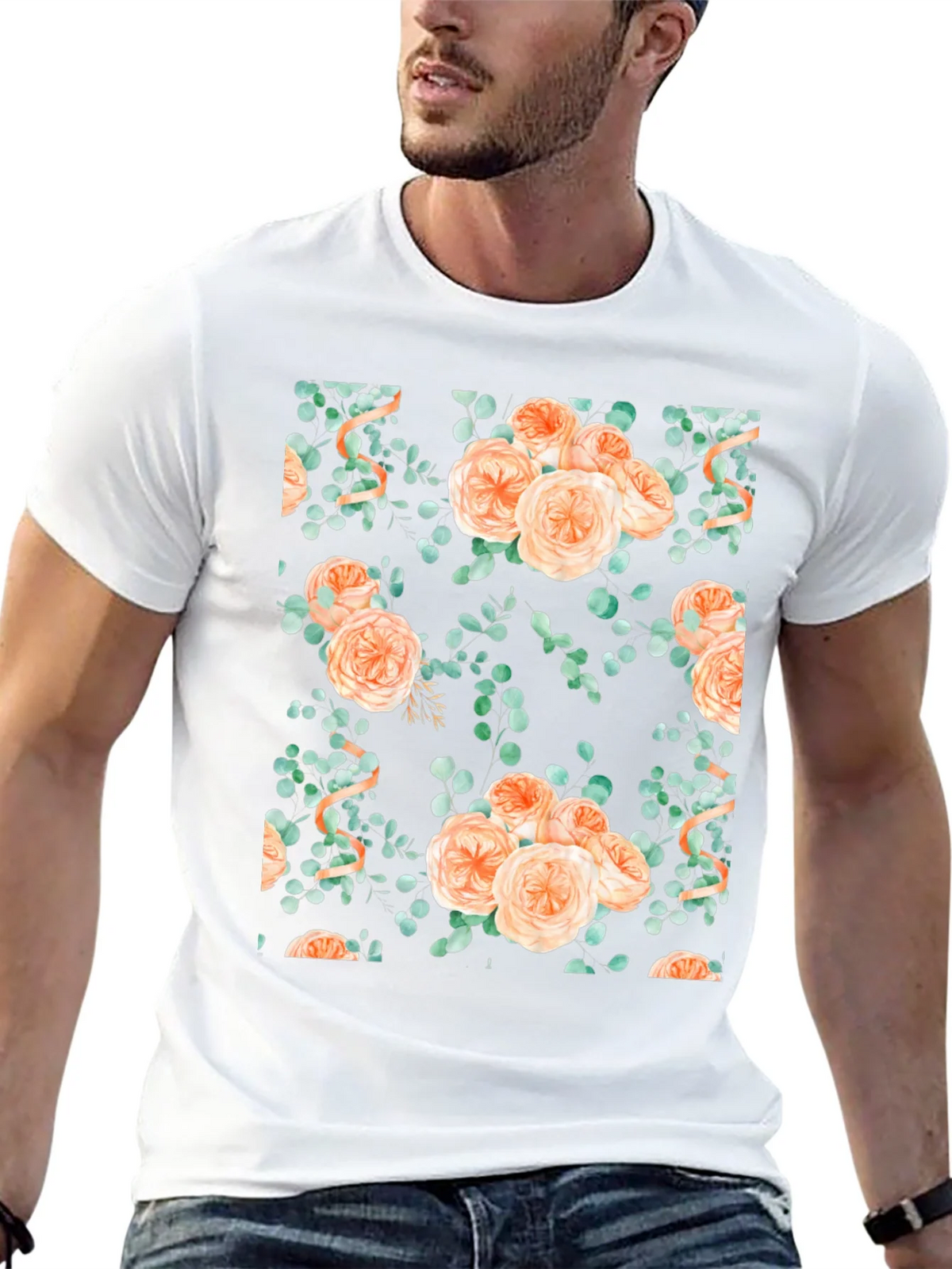 Floral Peach Rose Print Black T-Shirt product image 12