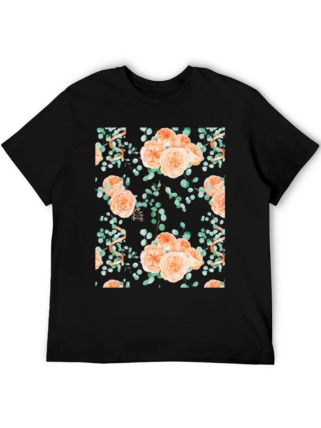 Floral Peach Rose Print Black T-Shirt product image 5