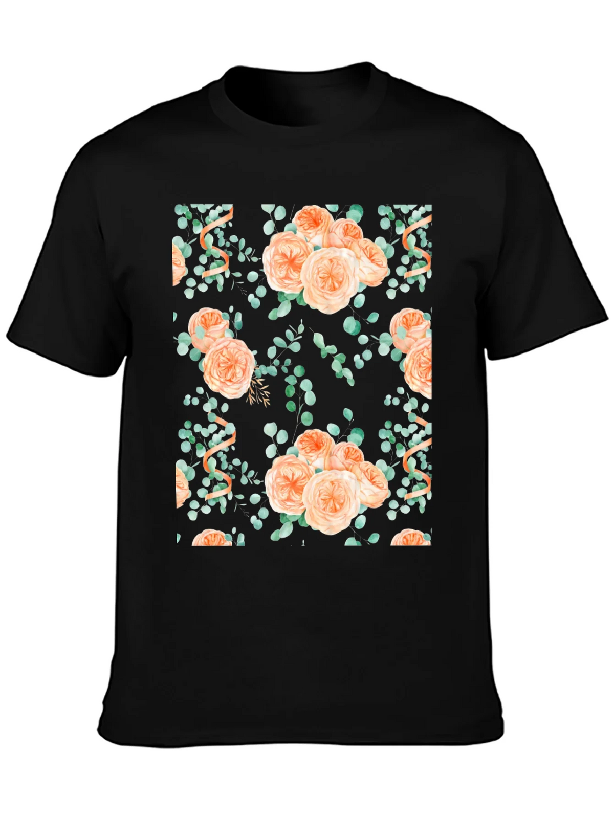 Floral Peach Rose Print Black T-Shirt product image 3