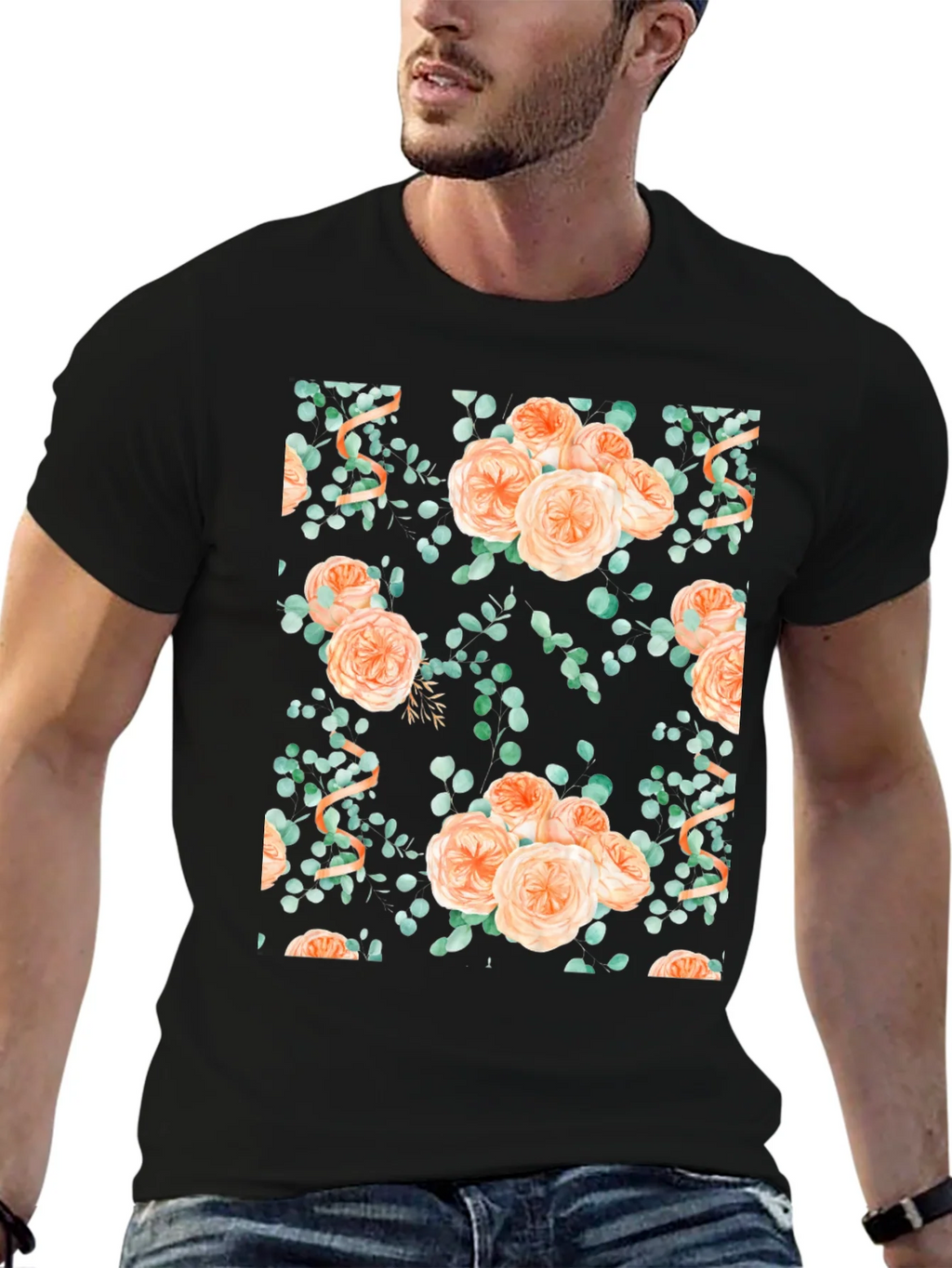 Floral Peach Rose Print Black T-Shirt product image 6