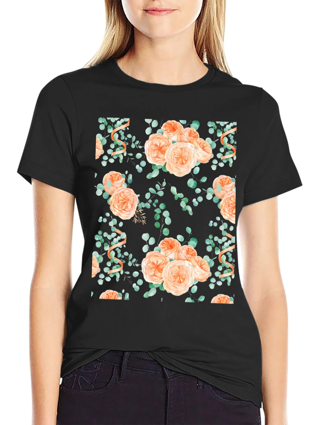 Floral Peach Rose Print Black T-Shirt product image 2