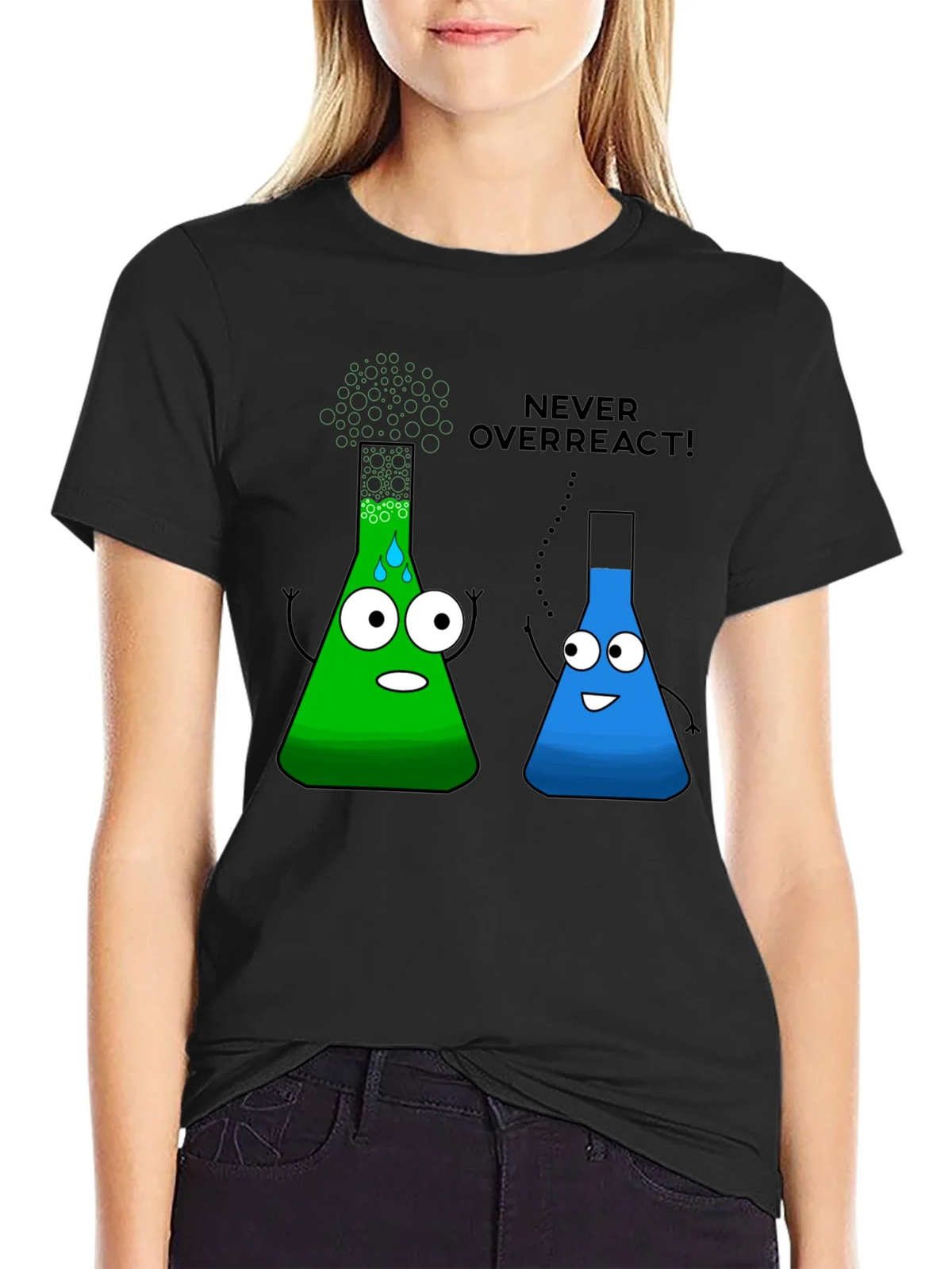 Never Overreact! Science Humor Black T-Shirt product image 2