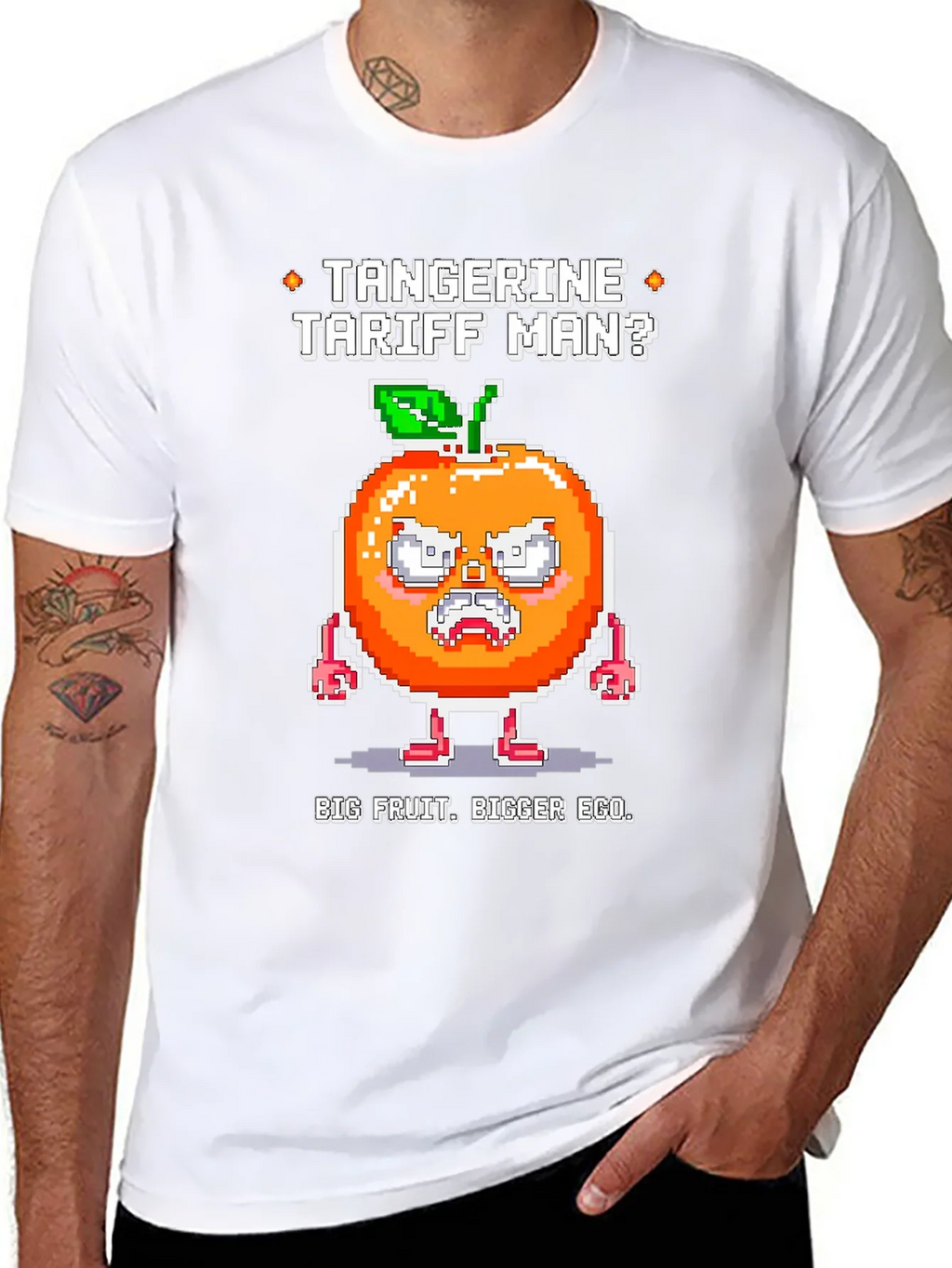 Tangerine Tariff Man Graphic Tee - Big Fruit Bigger Ego! product image 7