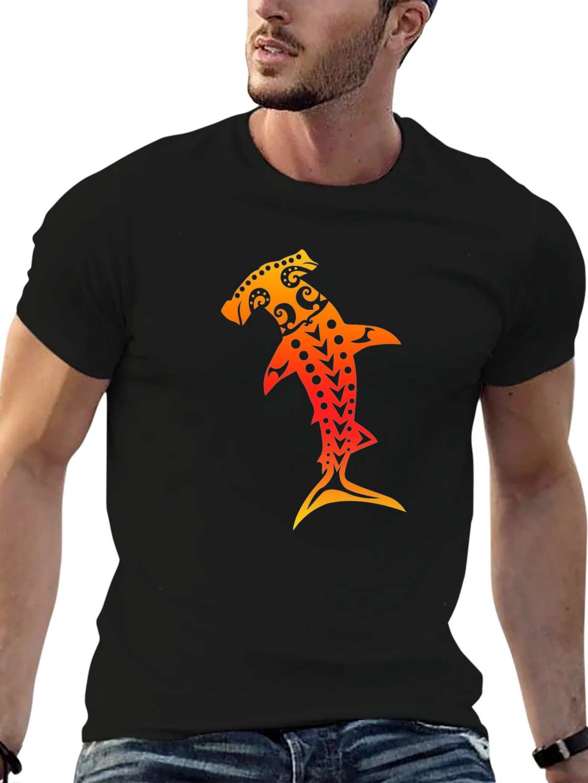 Hammerhead Shark Tribal Art Black T-Shirt product image 4