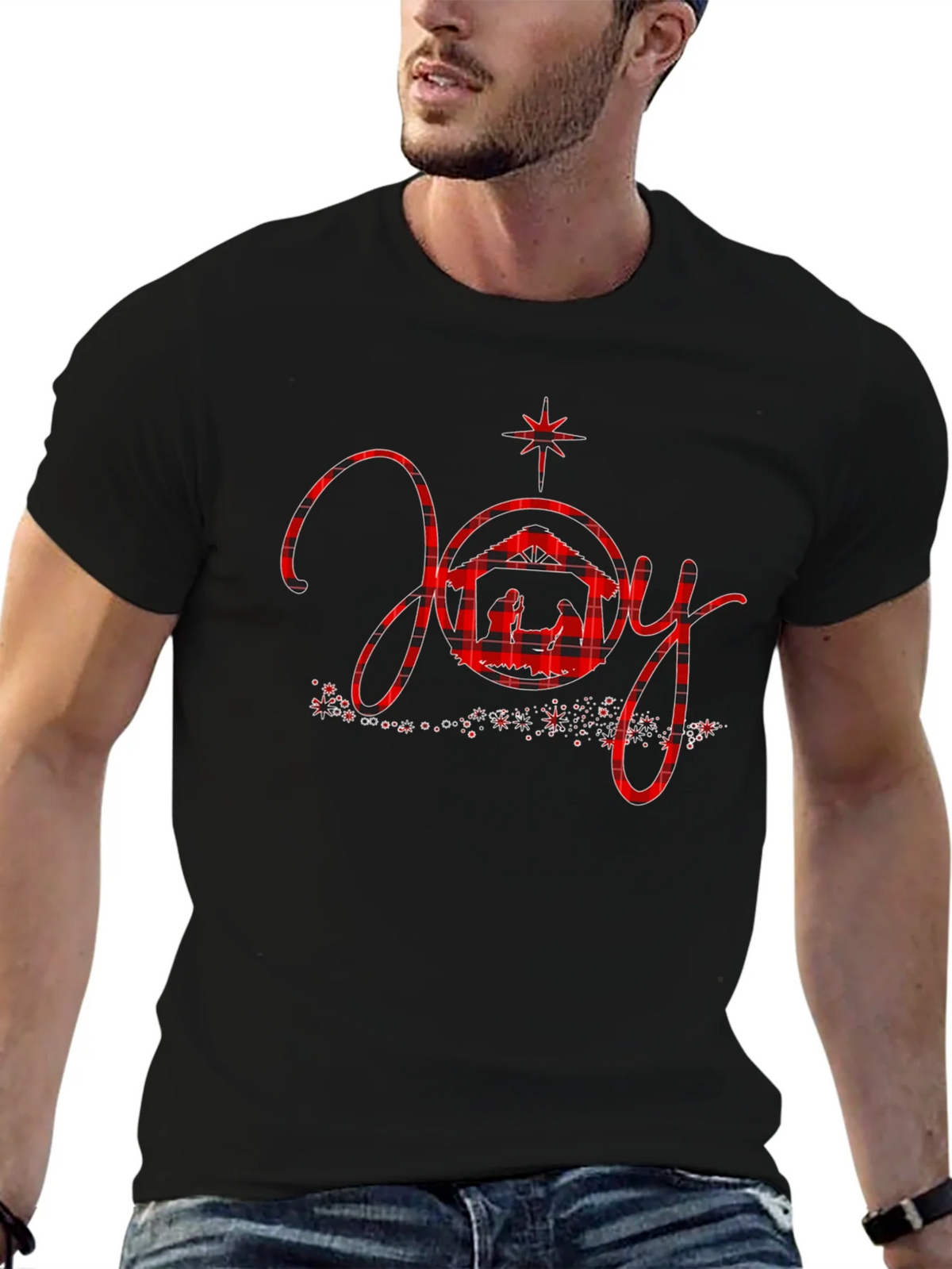 Joy Nativity Plaid Christmas Graphic Tee product image 5