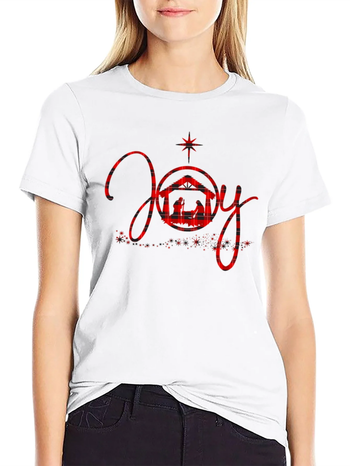 Joy Nativity Plaid Christmas Graphic Tee product image 7