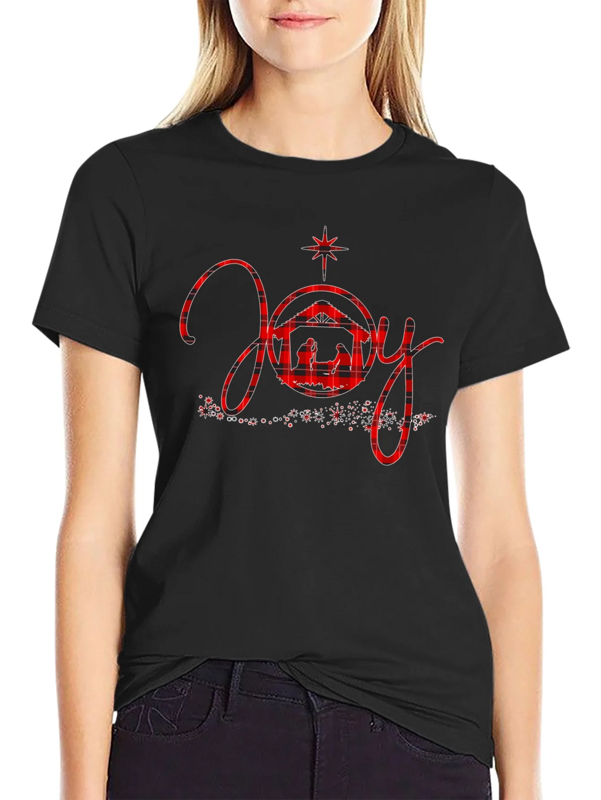 Joy Nativity Plaid Christmas Graphic Tee product image 2
