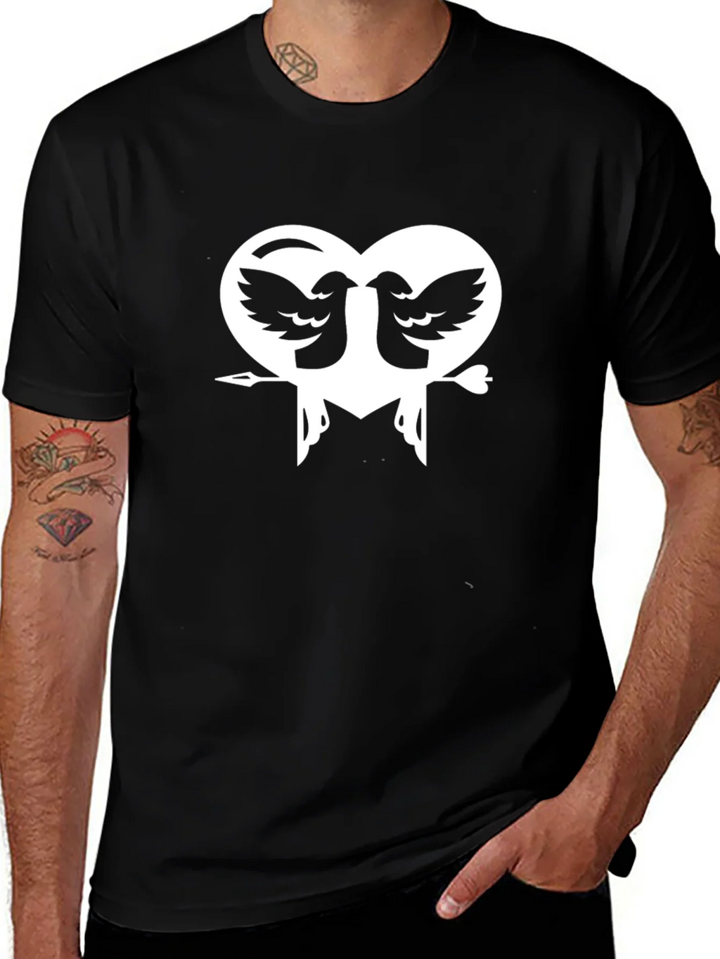 Heart Birds Graphic Print Black T-Shirt product image 1