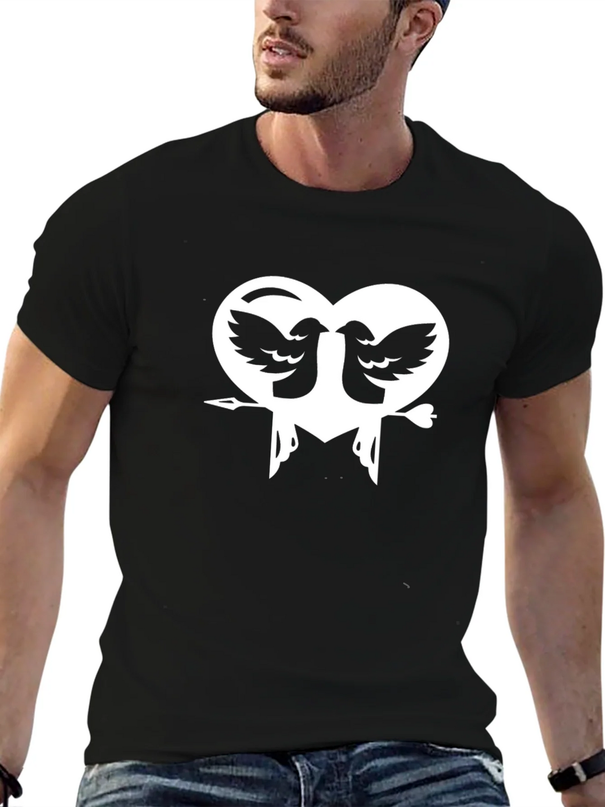 Heart Birds Graphic Print Black T-Shirt product image 5