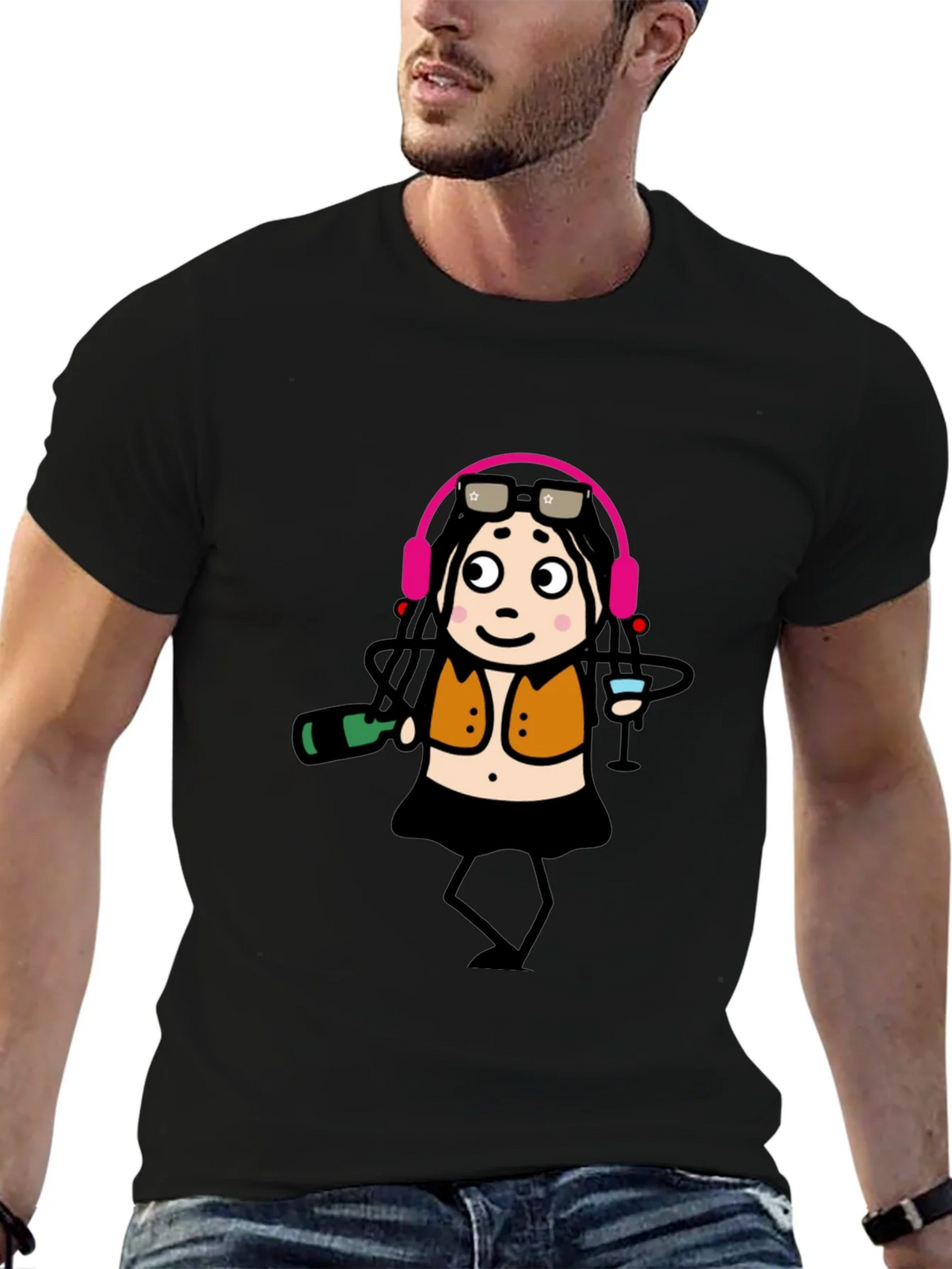 Funky Party Girl Graphic Tee - Black Cotton T-Shirt product image 4