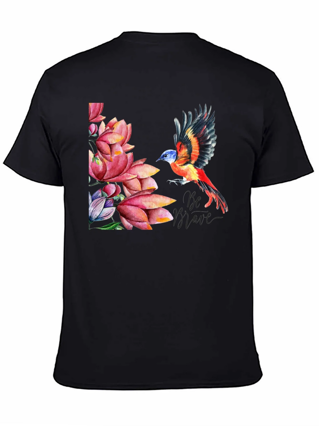 Bird & Lotus Flower Graphic Black T-Shirt product image 4