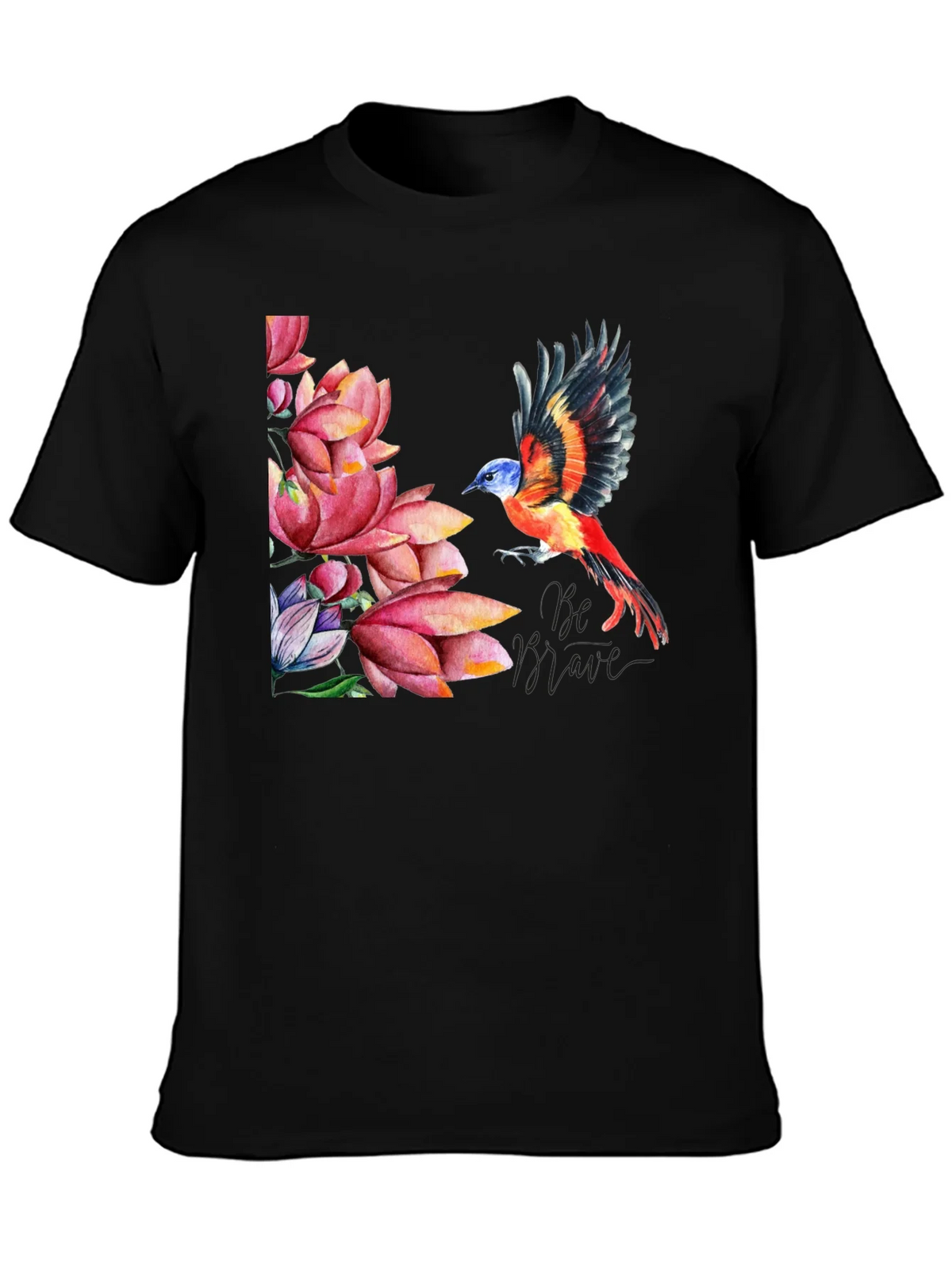 Bird & Lotus Flower Graphic Black T-Shirt product image 3