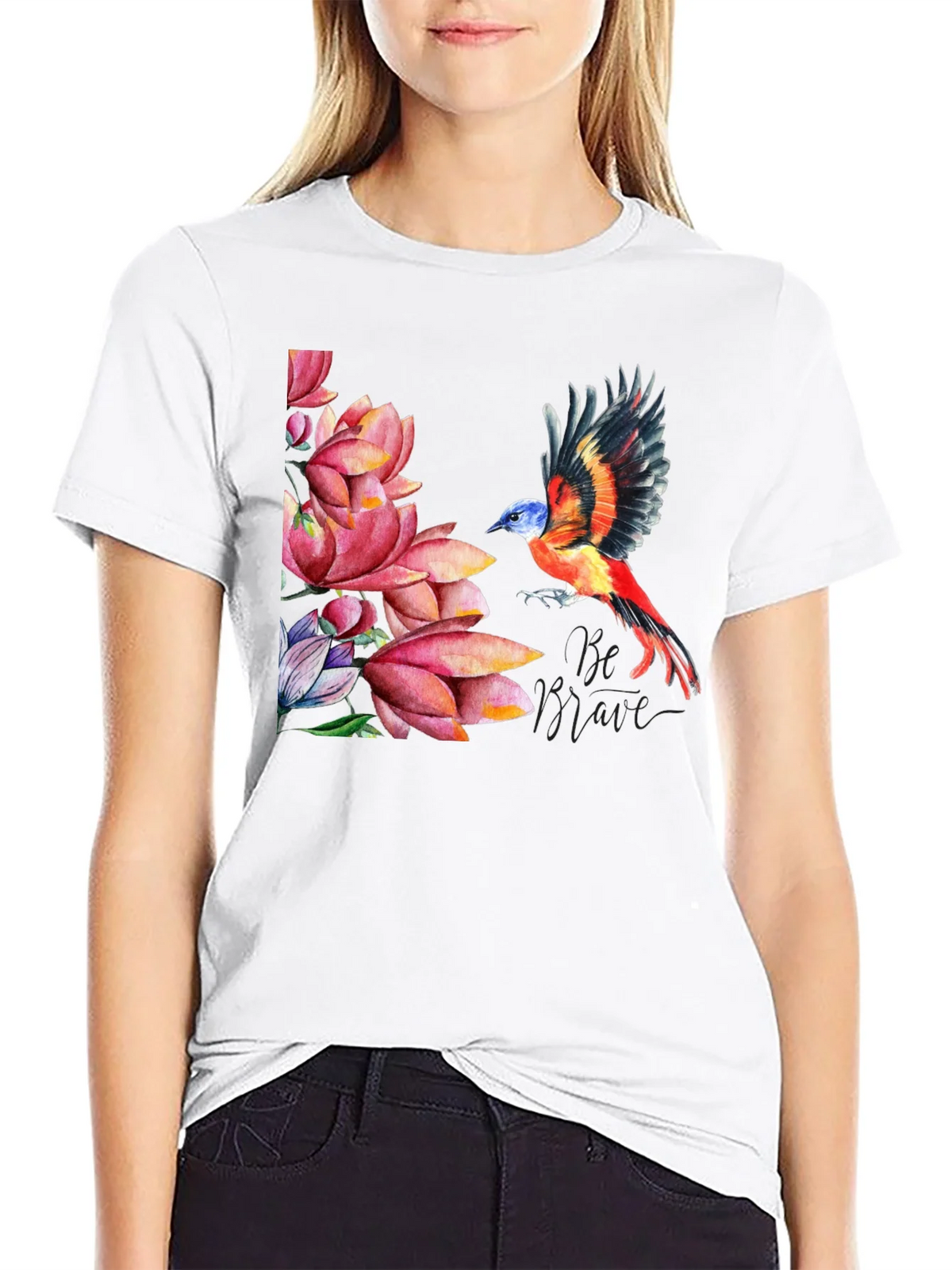 Bird & Lotus Flower Graphic Black T-Shirt product image 8
