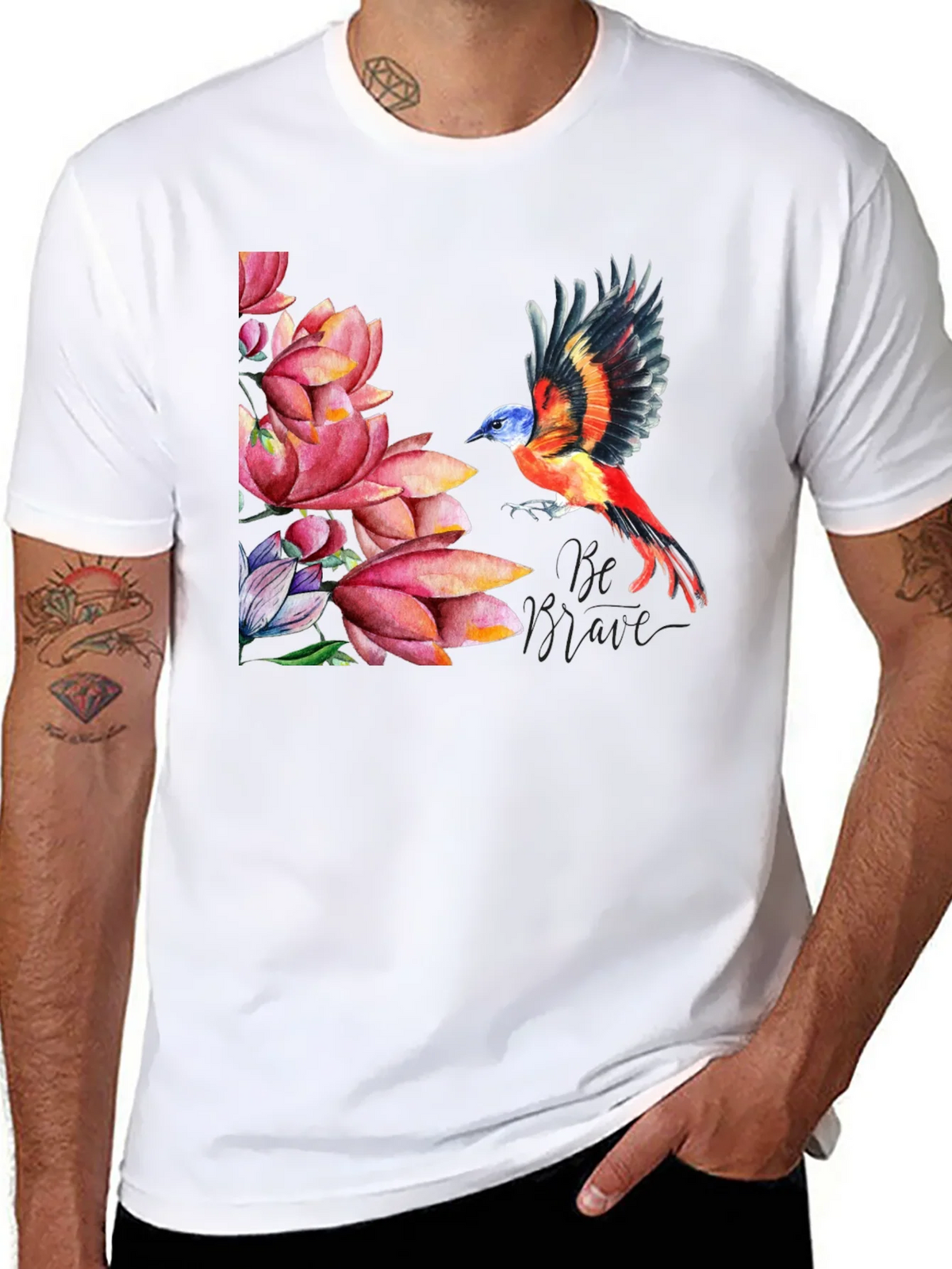 Bird & Lotus Flower Graphic Black T-Shirt product image 7