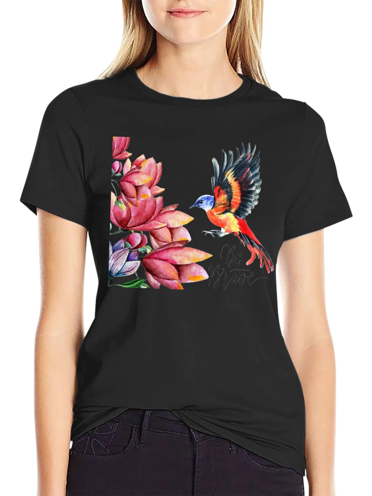 Bird & Lotus Flower Graphic Black T-Shirt product image 2