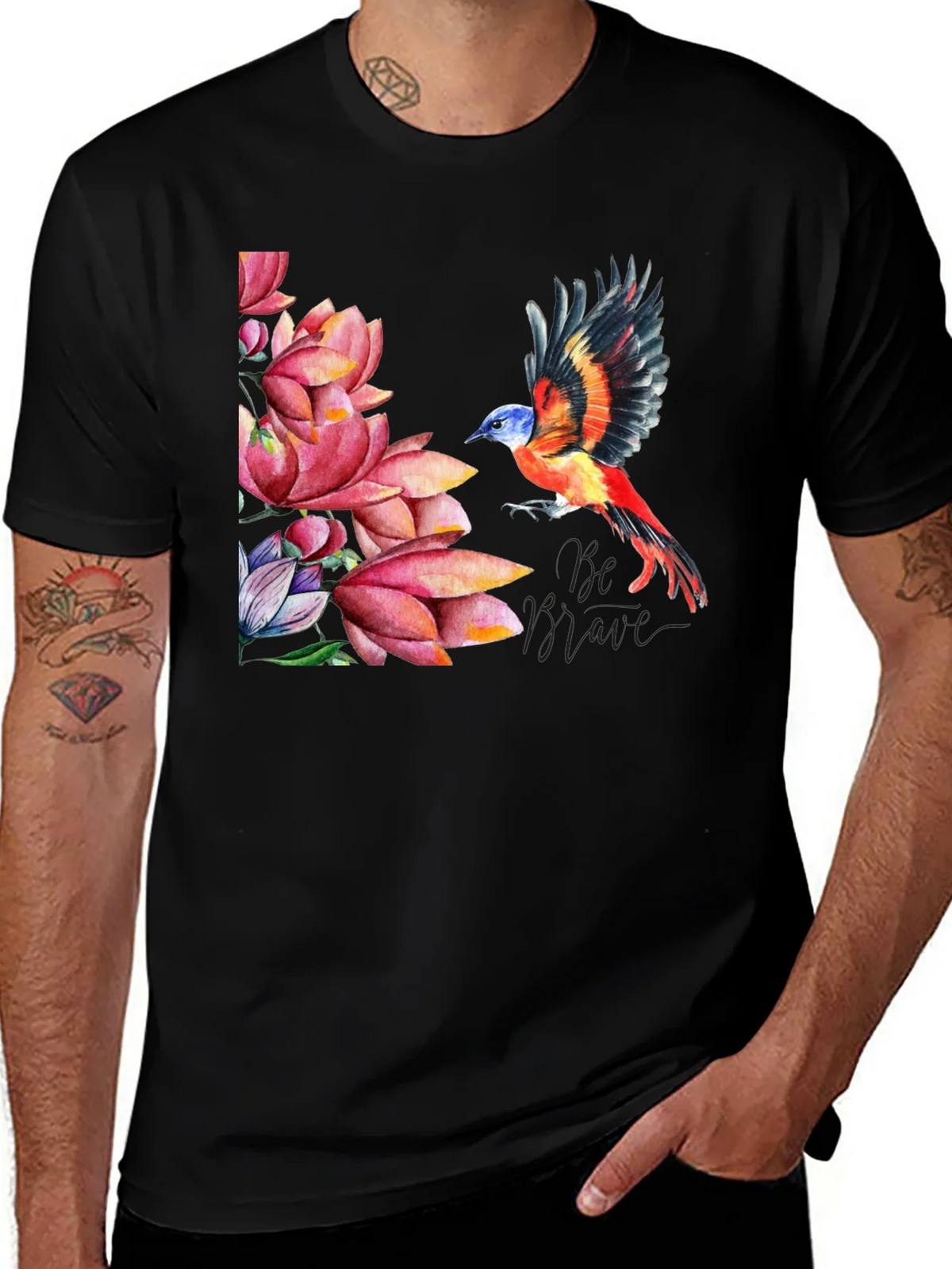 Bird & Lotus Flower Graphic Black T-Shirt product image 1