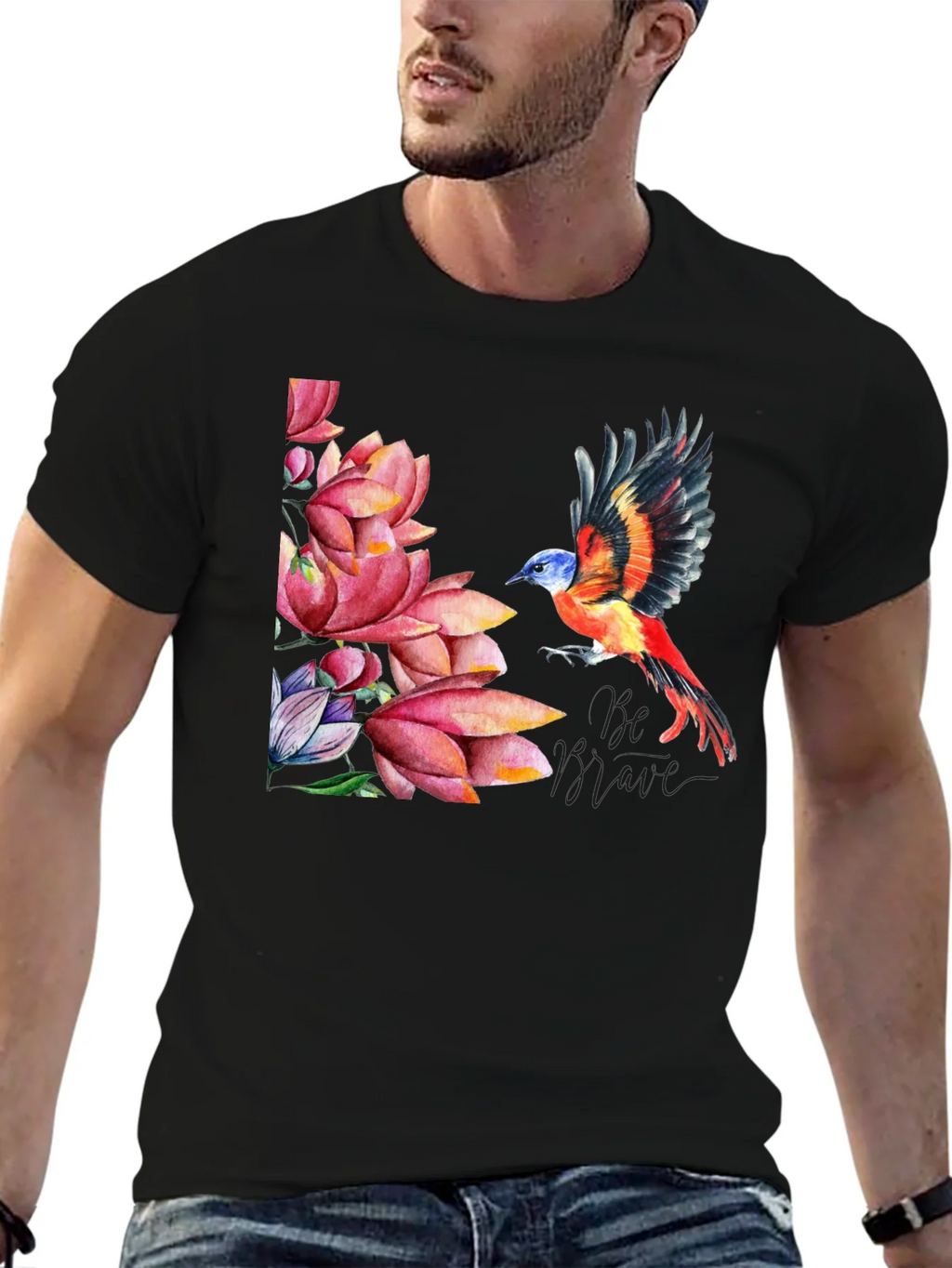 Bird & Lotus Flower Graphic Black T-Shirt product image 6