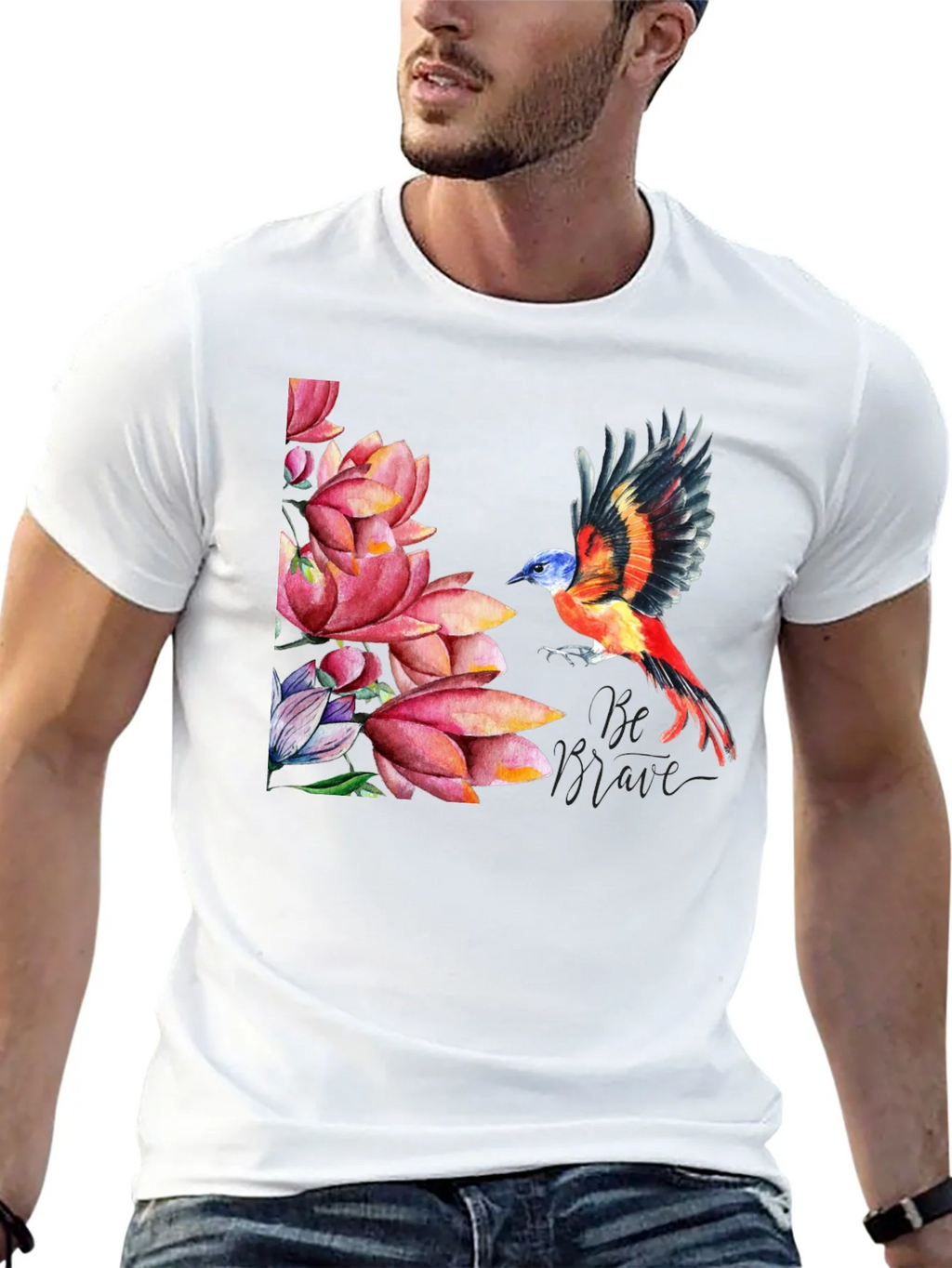Bird & Lotus Flower Graphic Black T-Shirt product image 12
