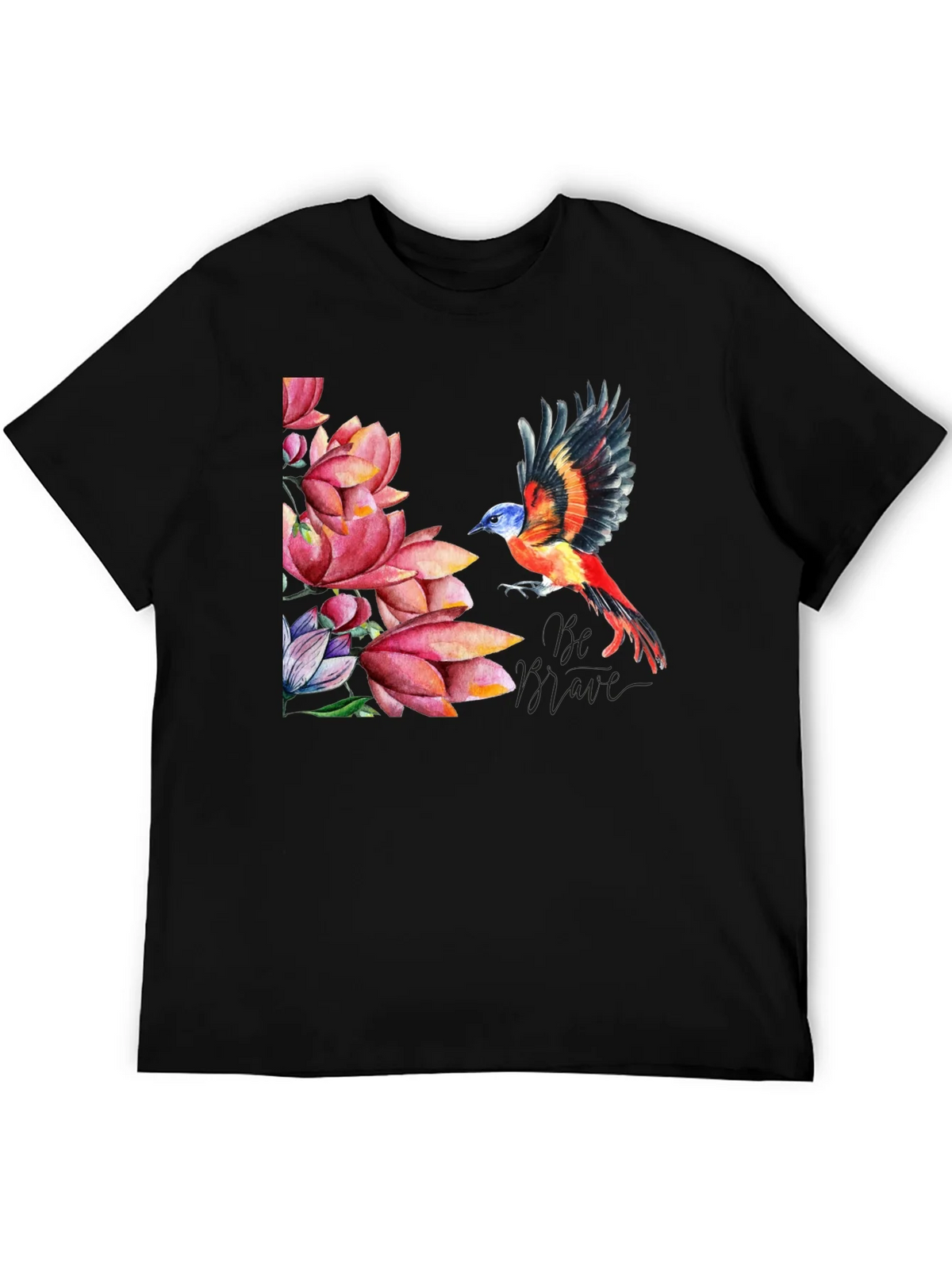 Bird & Lotus Flower Graphic Black T-Shirt product image 5