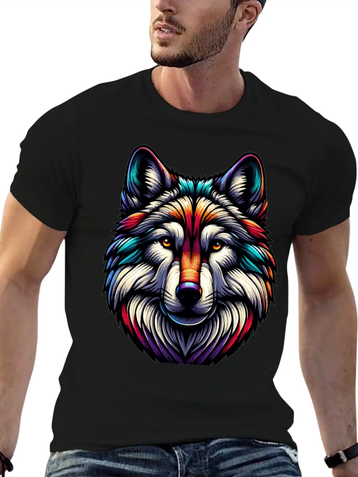 Vibrant Wolf Graphic Tee - Stylish Mens Black T-Shirt product image 6