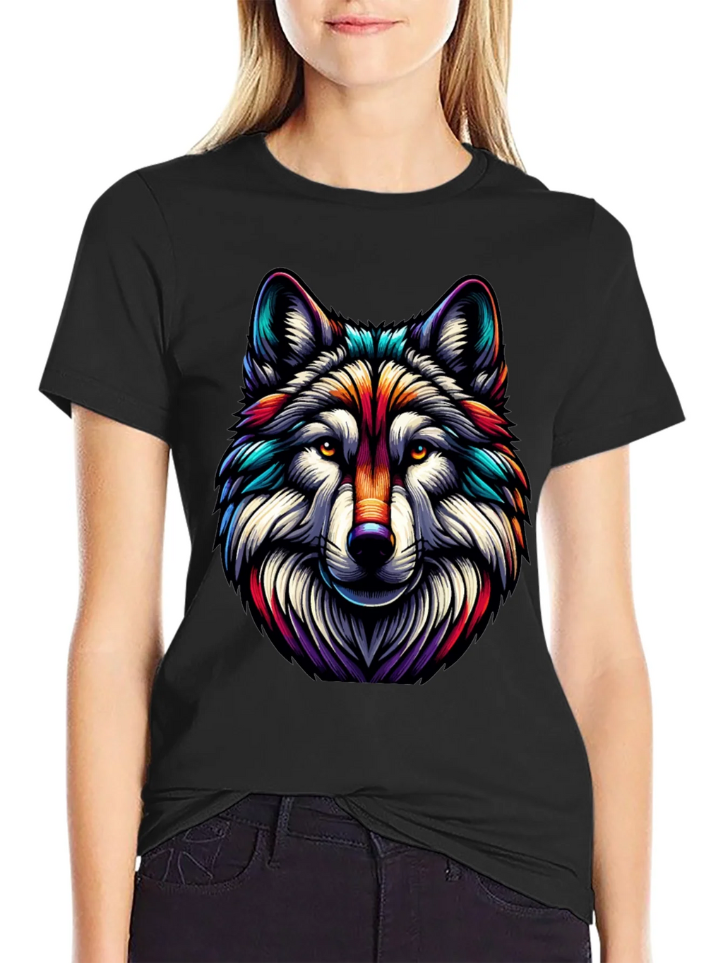 Vibrant Wolf Graphic Tee - Stylish Mens Black T-Shirt product image 2