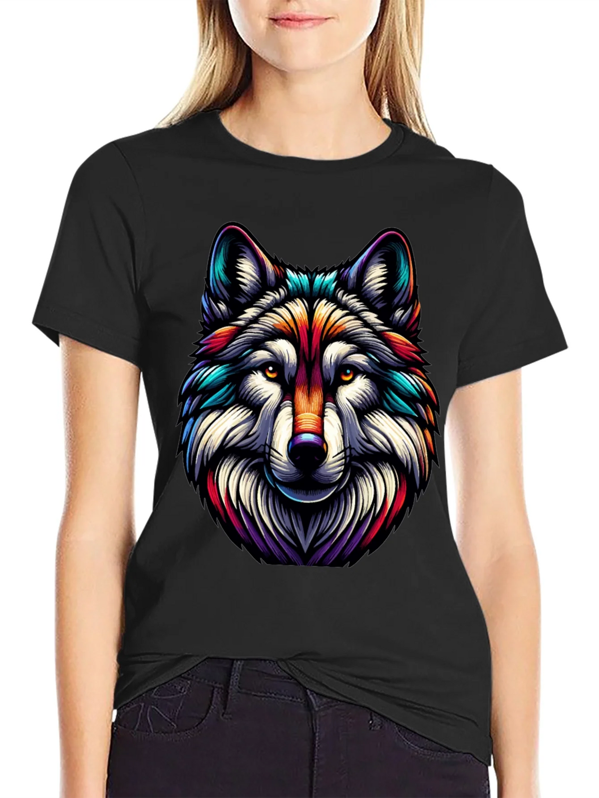 Vibrant Wolf Graphic Tee - Stylish Mens Black T-Shirt product image 2
