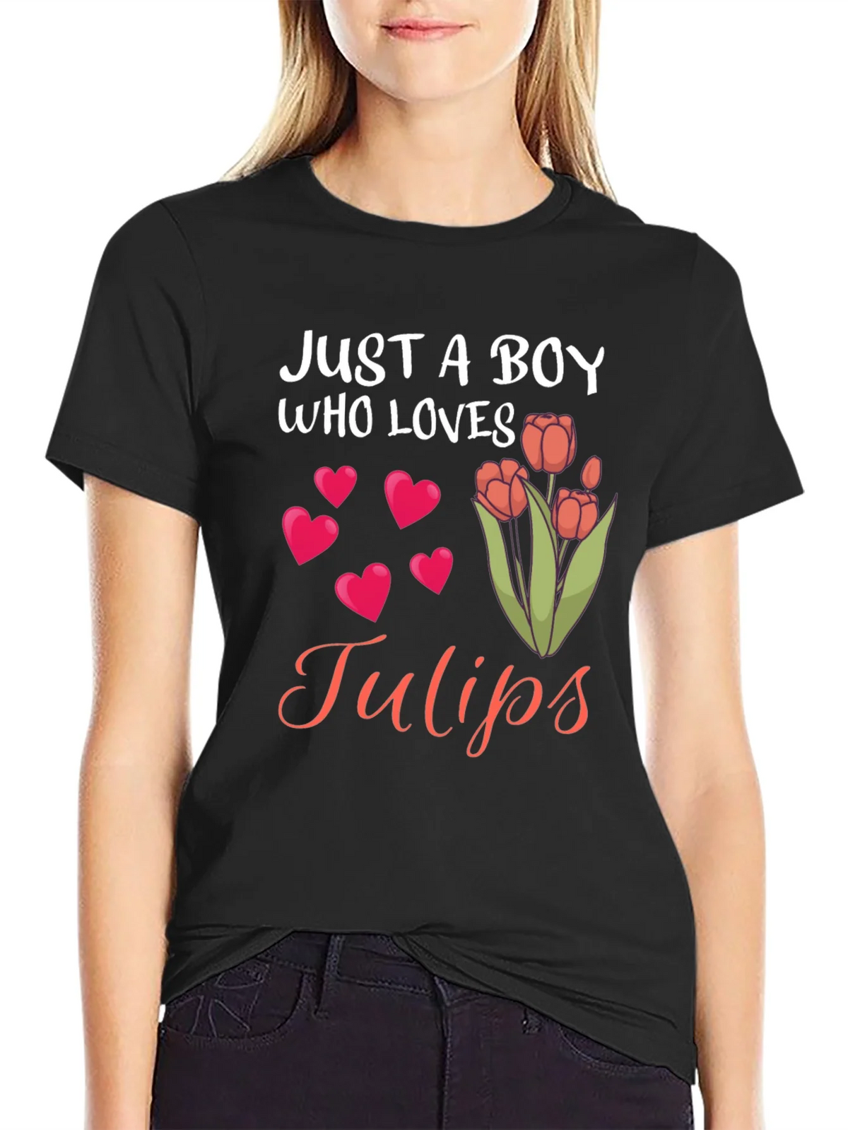 Just a Boy Who Loves Tulips Black T-Shirt product image 2
