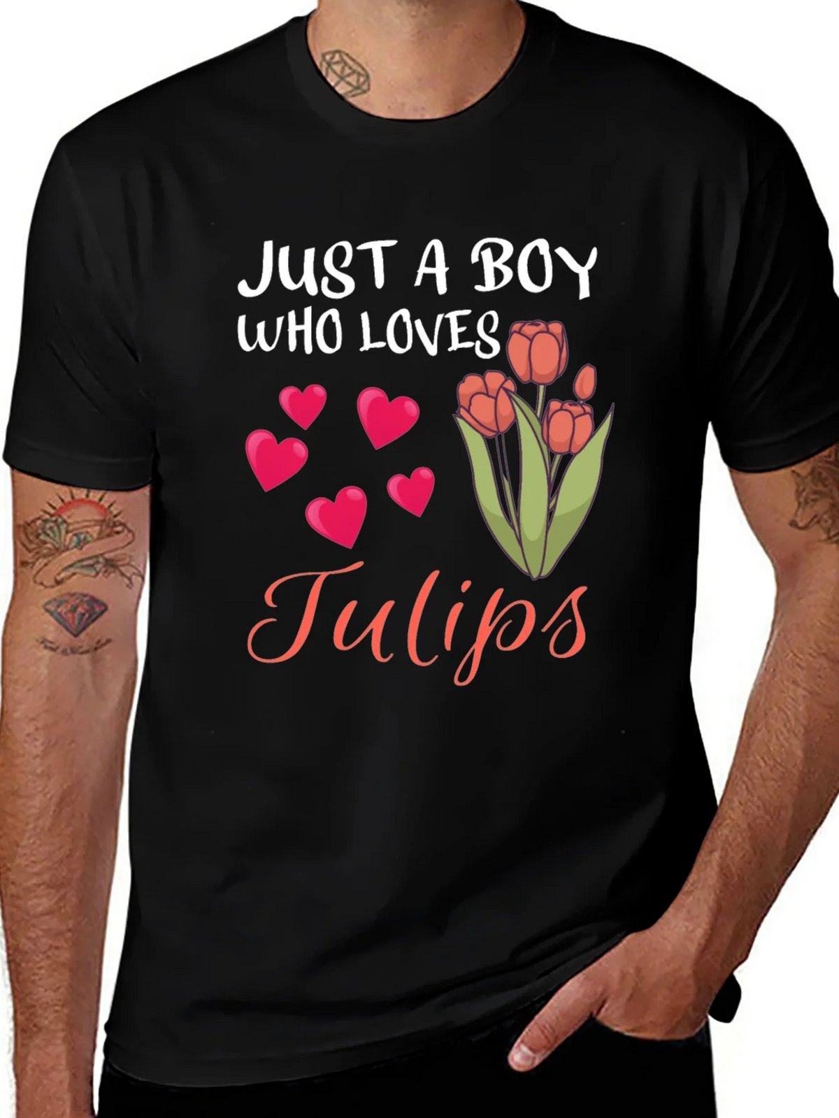 Just a Boy Who Loves Tulips Black T-Shirt product image 1