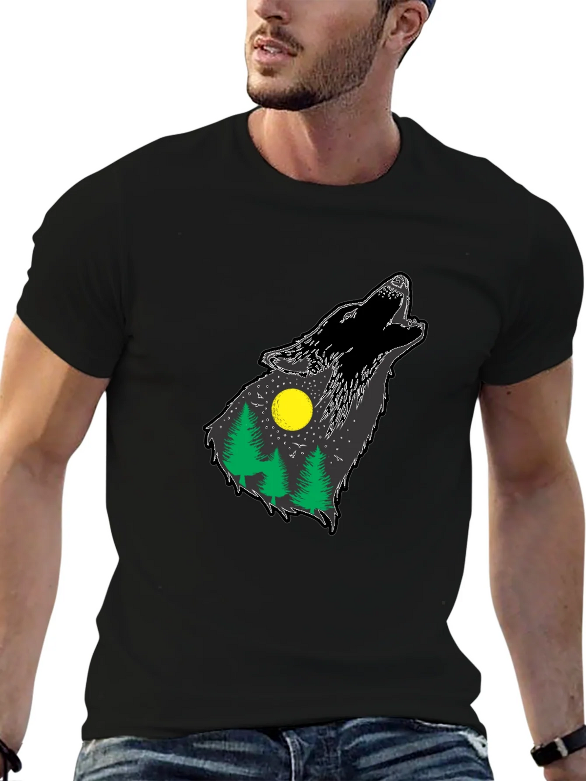 Wolf Howling Forest T-Shirt - Black product image 6