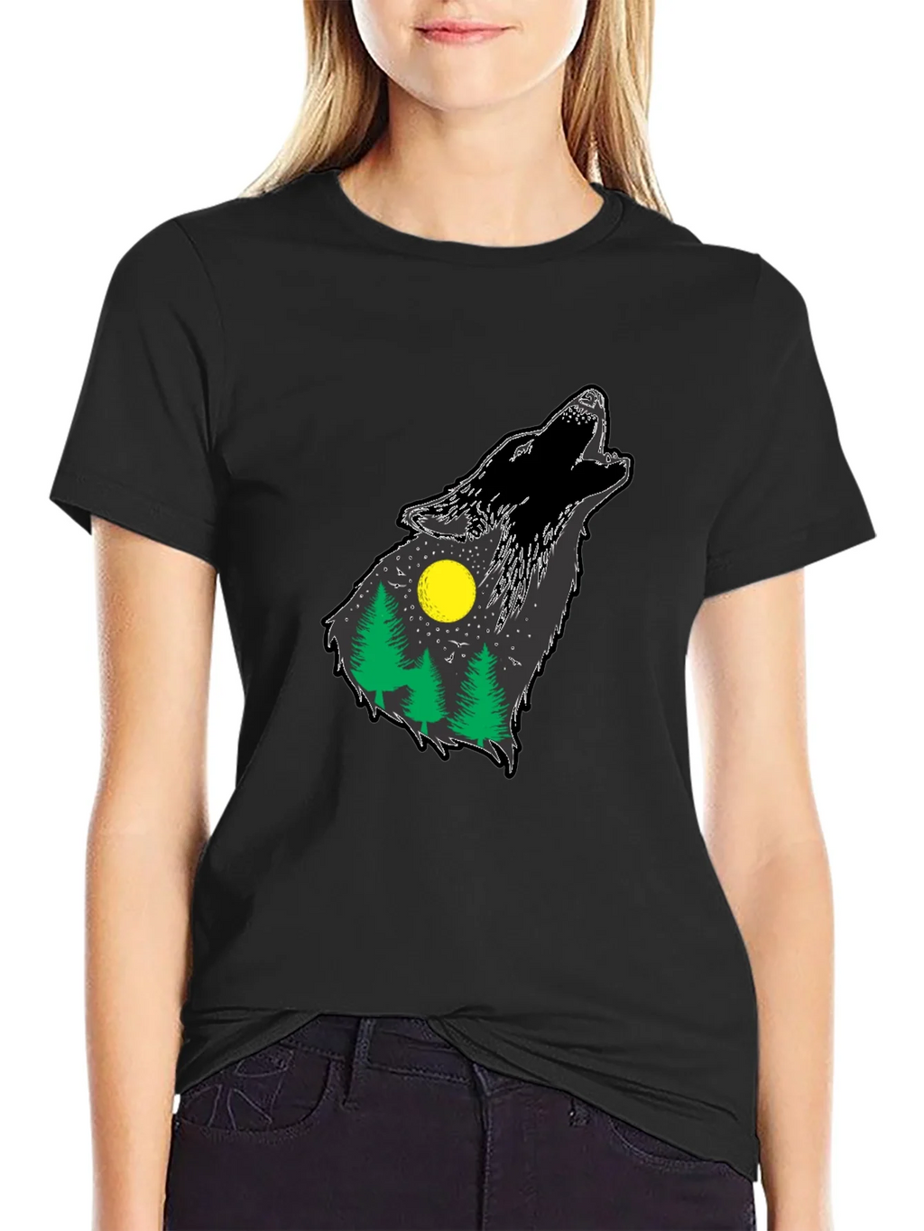 Wolf Howling Forest T-Shirt - Black product image 2