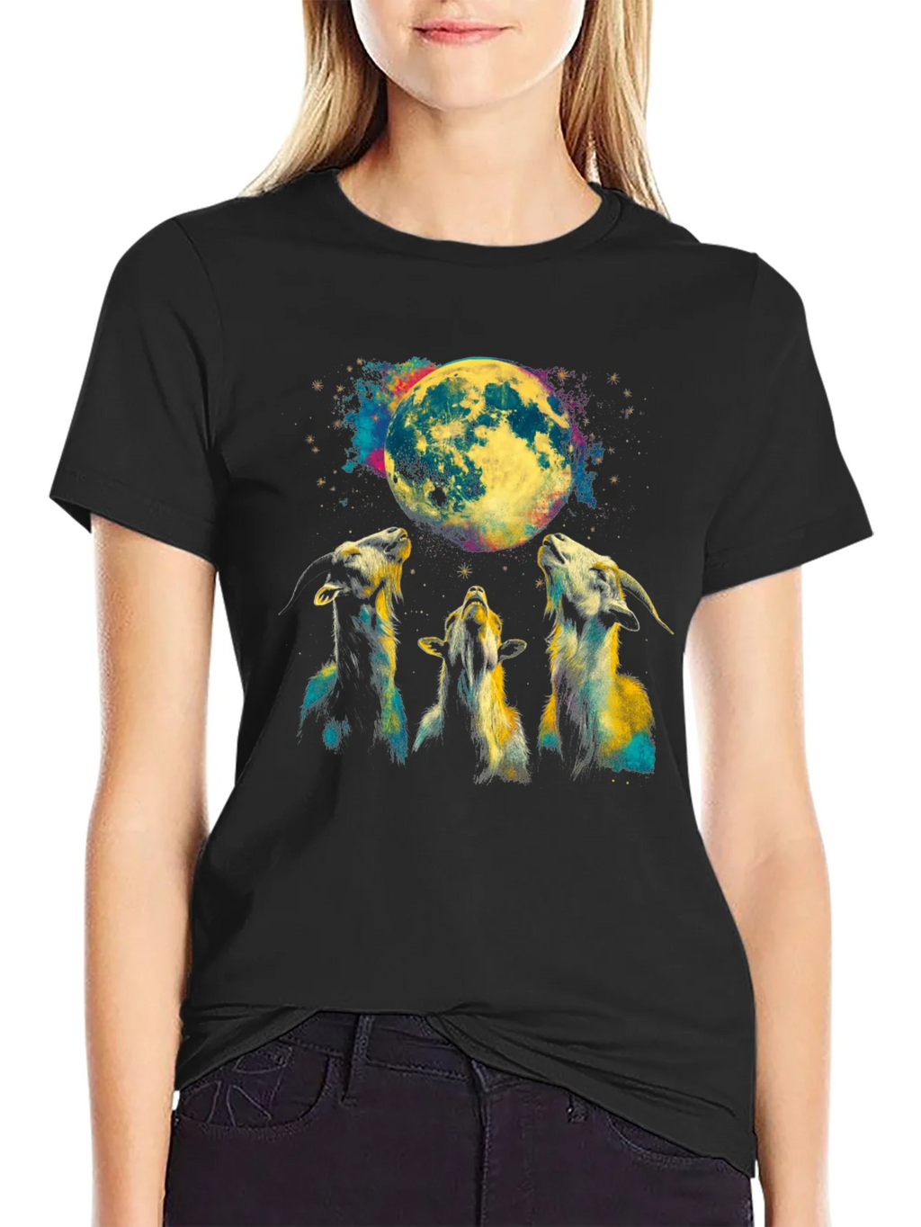 Goats Howling at Moon Graphic Tee - Black T-Shirt product image 2