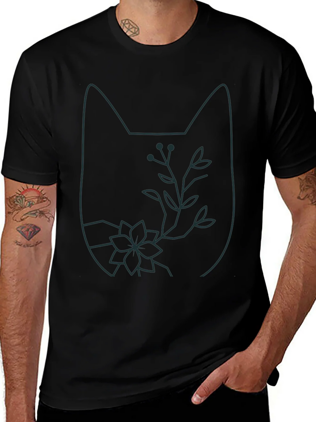 Cat Outline Floral T-Shirt - Unique Graphic Tee product image 1