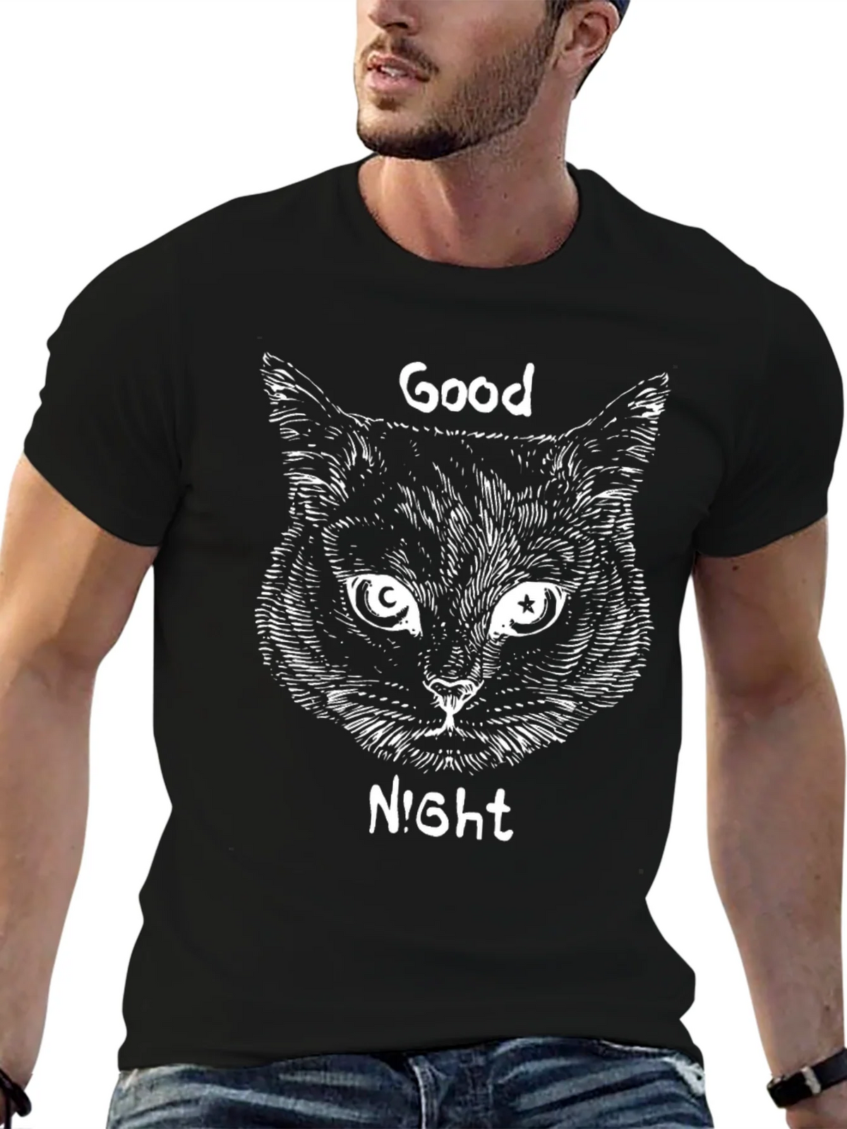 Good Night Cat Graphic T-Shirt - Black Tee product image 5