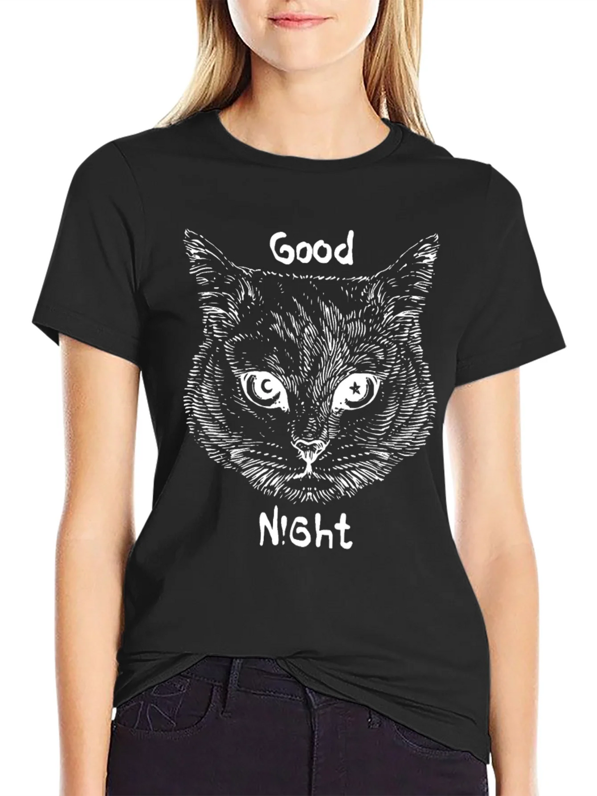 Good Night Cat Graphic T-Shirt - Black Tee product image 2