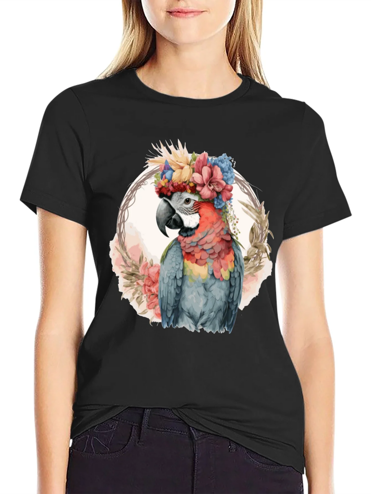 Floral Parrot Graphic Tee - Stylish Mens Black T-Shirt product image 2