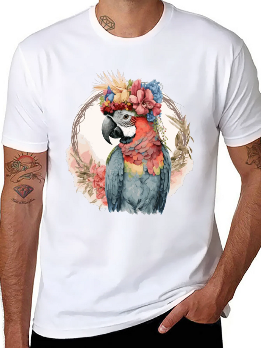 Floral Parrot Graphic Tee - Stylish Mens Black T-Shirt product image 7