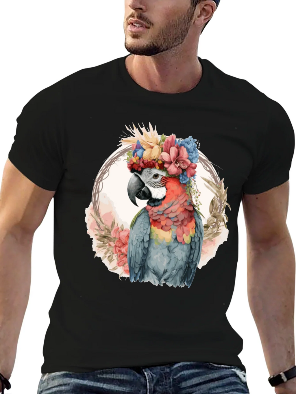 Floral Parrot Graphic Tee - Stylish Mens Black T-Shirt product image 6