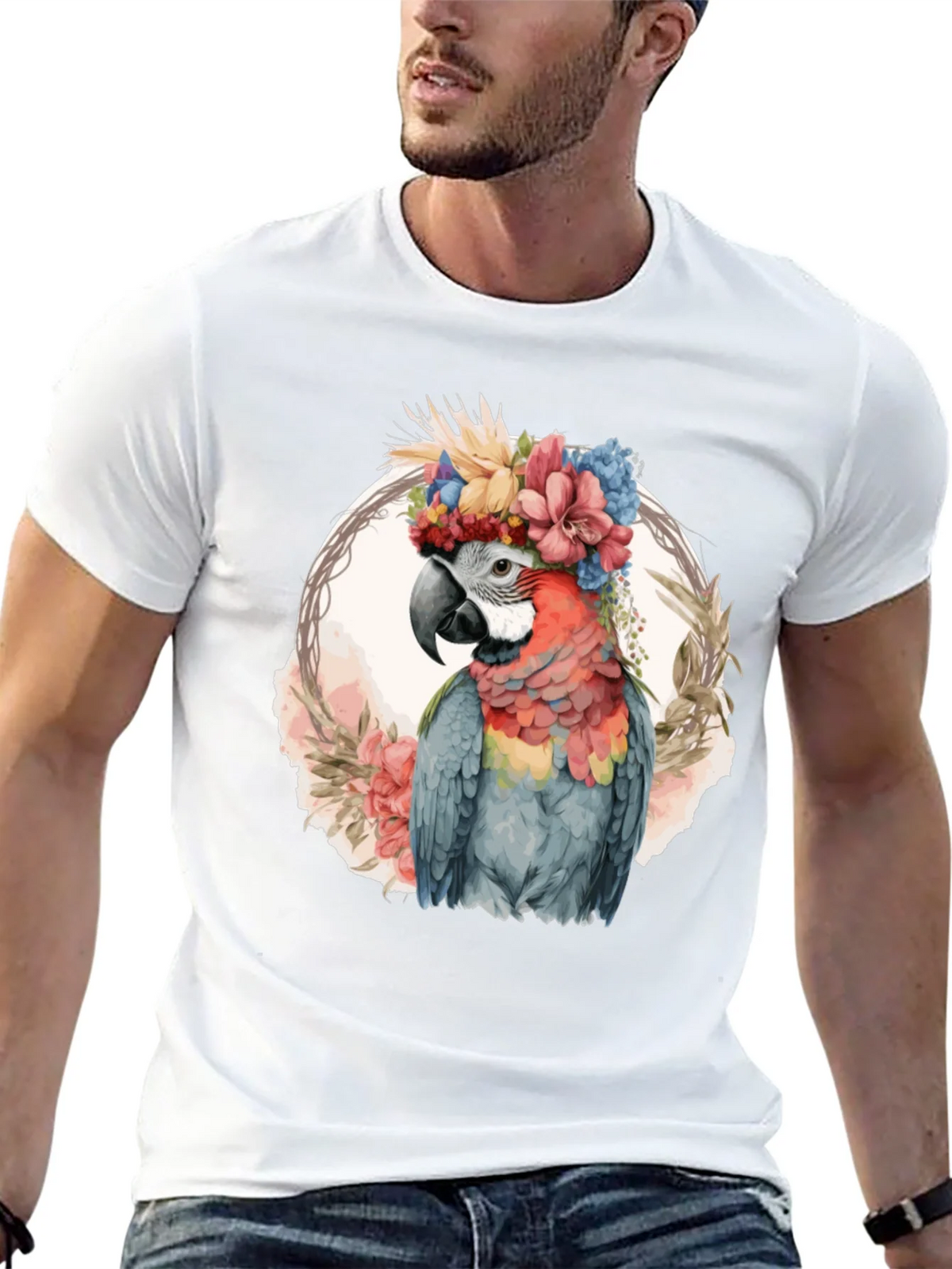Floral Parrot Graphic Tee - Stylish Mens Black T-Shirt product image 12