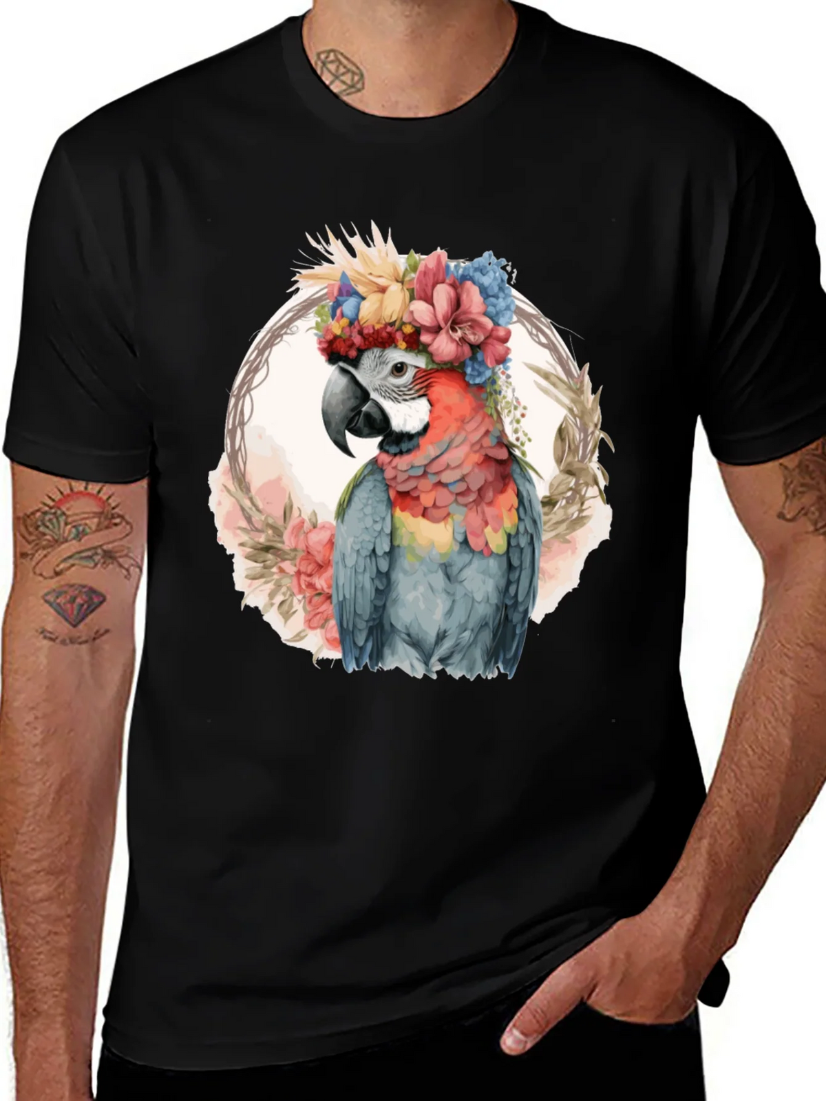 Floral Parrot Graphic Tee - Stylish Mens Black T-Shirt product image 1