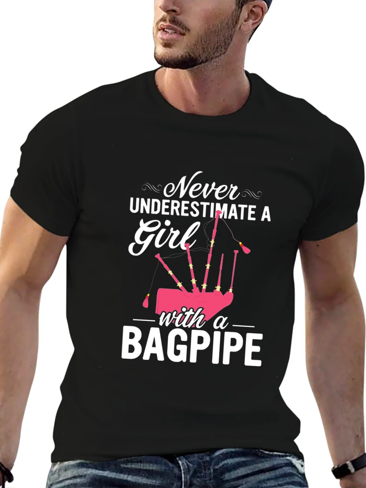 Never Underestimate Girl with Bagpipe Black T-Shirt product image 6