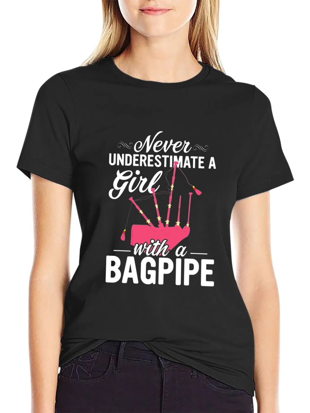 Never Underestimate Girl with Bagpipe Black T-Shirt product image 2