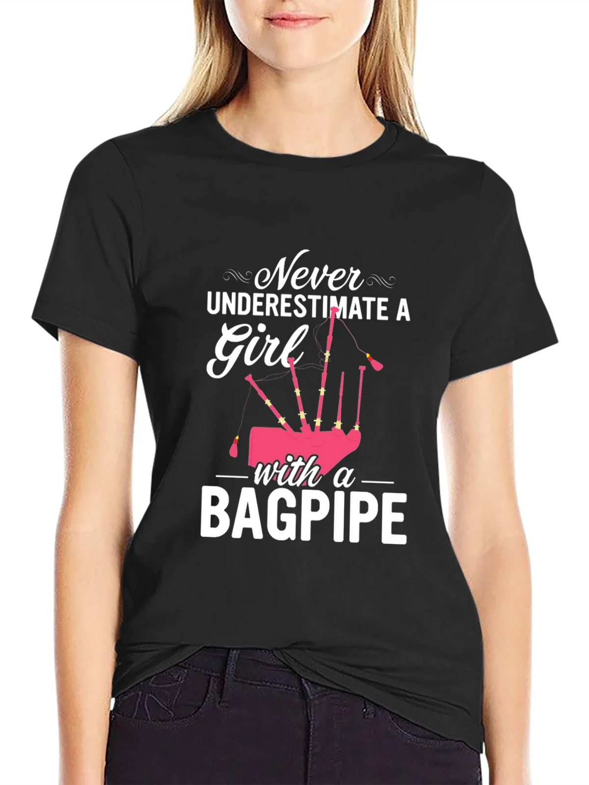 Never Underestimate Girl with Bagpipe Black T-Shirt product image 2