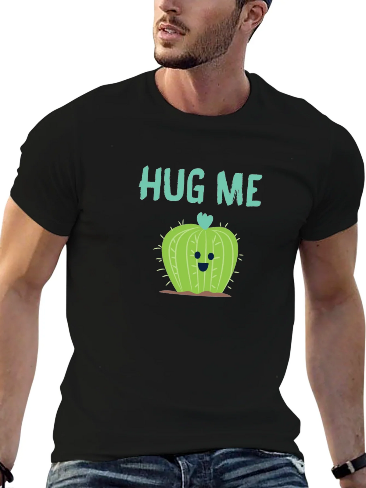 Hug Me Cactus T-Shirt - Black Crew Neck Soft Cotton product image 6