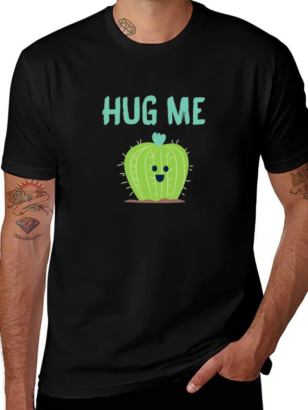 Hug Me Cactus T-Shirt - Black Crew Neck Soft Cotton product image 1