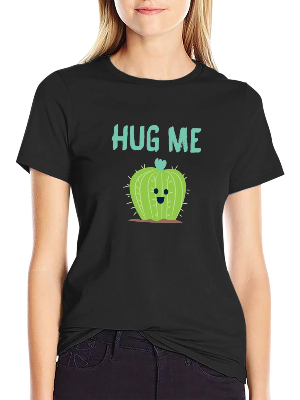 Hug Me Cactus T-Shirt - Black Crew Neck Soft Cotton product image 2