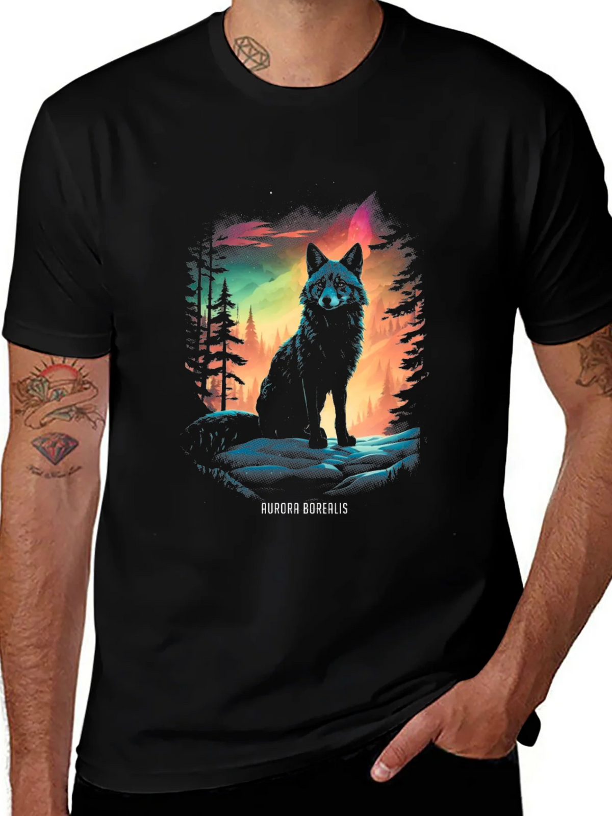 Aurora Borealis Wolf Graphic T-Shirt product image 1