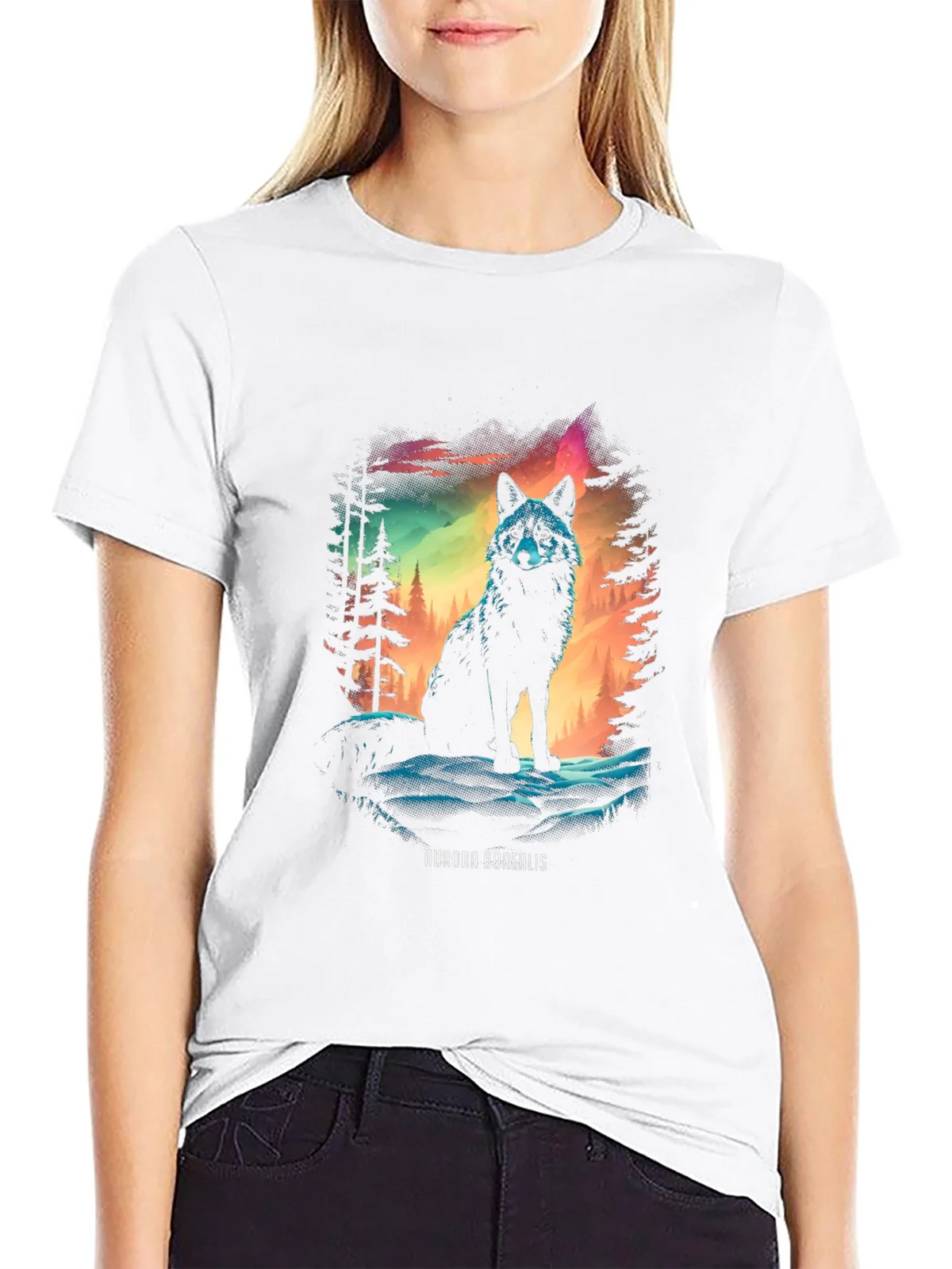 Aurora Borealis Wolf Graphic T-Shirt product image 6